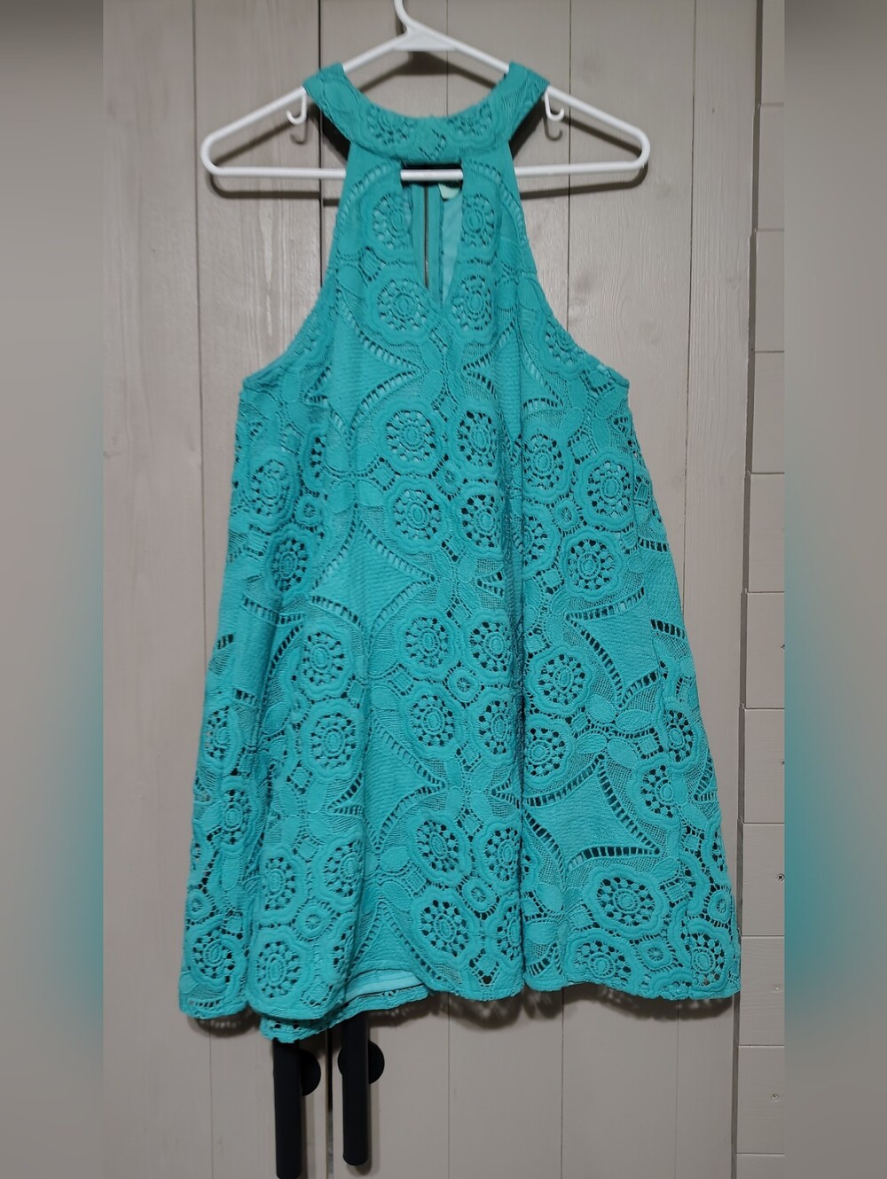 JUDITH MARCH Sleeveless Aqua Crochet Lace Halter Dress Size M